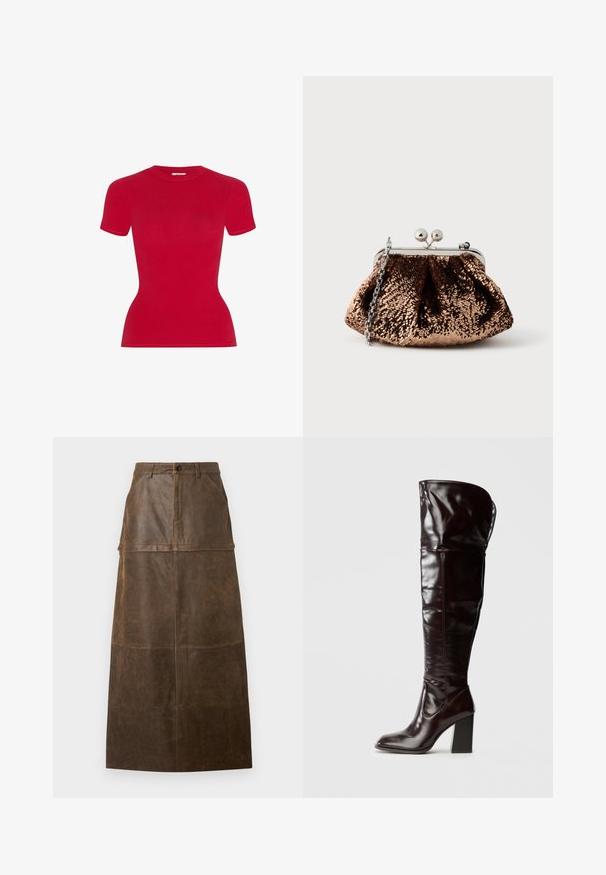 Camiseta roja de manga corta con diseño ajustado. Fabricada con material suave, cuenta con cuello redondo y bordes sin costuras.; Falda midi de cuero marrón con cintura alta, bolsillos frontales y una textura suave que presenta costuras visibles.; Botas de cuero burdeos brillante hasta la rodilla, con punta cuadrada y tacón ancho, con un diseño holgado y detalles mínimos de costura.; Bolso de mano de lentejuelas en color oro rosa con un diseño de tela fruncida, cierre de broche plateado y correa de cadena desmontable.