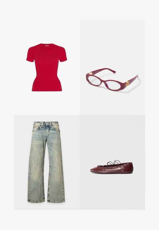 Camiseta roja de manga corta con diseño ajustado. Fabricada con material suave, cuenta con cuello redondo y bordes sin costuras.; Vaqueros de mezclilla azul claro con un patrón de rayas verticales descoloridas, bolsillos delanteros, cierre de botones y piernas anchas y rectas.; Bailarina de cuero burdeos con punta afilada, detalles de encaje en la parte frontal y ojales plateados. Suela suave para flexibilidad y comodidad.; Gafas de pasta ovaladas rojas con lentes transparentes. Presentan detalles en dorado en las patillas y un diseño moderno y elegante.