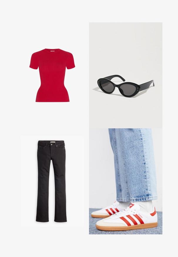 Camiseta roja de manga corta con diseño ajustado. Fabricada con material suave, cuenta con cuello redondo y bordes sin costuras.; Jeans negros de mezclilla, con un diseño de pierna recta, cintura standard, cinco bolsillos y detalles de costura sutiles.; Zapatillas de cuero blancas con rayas y detalles rojos. Cuentan con una suela de goma texturizada y un collar acolchado. Llevadas con denim azul claro.; Gafas de sol negras con una forma de ojo de gato sobredimensionada. Montura de plástico lisa con lentes oscuras y pequeños detalles de estrellas en los lados.