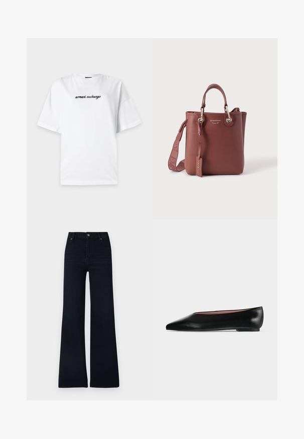 Λευκό T-shirt με κοντά μανίκια και μαύρο κείμενο «armani exchange» στο κέντρο στο στήθος, εμφανίζεται σε ανοιχτό γκρι φόντο.; Τζιν παντελόνι σε σκούρο μπλε χρώμα με φαρδιά καμπάνα, κατασκευασμένο από τζιν ύφασμα. Διαθέτει κλείσιμο με κουμπί, πέντε τσέπες και απλό σχέδιο με ελάχιστες διαφοροποιήσεις στην υφή.; Μαύρο δερμάτινο γυναικείο παπούτσι με χαμηλό τακούνι και μυτερή μύτη, εμφανιζόμενο πλάγια σε απλό ανοιχτό γκρι φόντο.; Καφέ δερμάτινη τσάντα χειρός με πάνω χερούλια, αποσπώμενο λουρί ώμου και ασημένιες μεταλλικές λεπτομέρειες, με το λογότυπο "Emporio Armani".