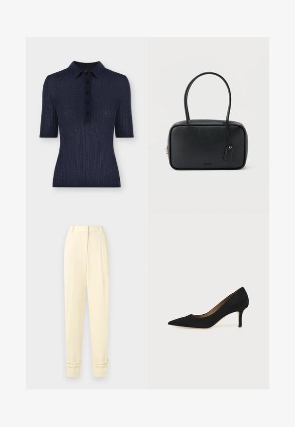 Polo côtelé bleu marine à manches courtes avec cinq boutons et col classique, silhouette ajustée.; Pantalon tailleur crème taille haute avec plis, jambes fuselées et revers roulés aux chevilles, présenté sur un fond uni.; Escarpin en daim noir à bout pointu avec un talon stiletto fin de hauteur moyenne et un design à coupe basse sur un fond uni.; Sac à main rectangulaire noir avec doubles poignées arrondies, fermeture éclair dorée et logo "HUGO" embossé sur le devant avec une étiquette en cuir attachée.