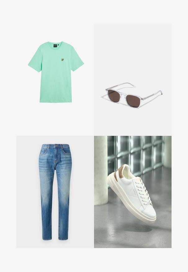 Mintgrøn bomuld t-shirt med korte ærmer, rund hals og en lille gul sommerfuglelogo broderet på venstre bryst.; Lyseblå denimjeans med lige ben, høj talje, subtilt slid og klassisk fem-lomme-design. Metalknaplukning.; Hvide lædersneakers med beige mønstret accent på hælen, glat tekstur, snørebåndsdesign og prægede branding på siden.; Klare plastik solbriller med rektangulære brune linser, med tynde, transparente stænger og metal accenter på templerne.