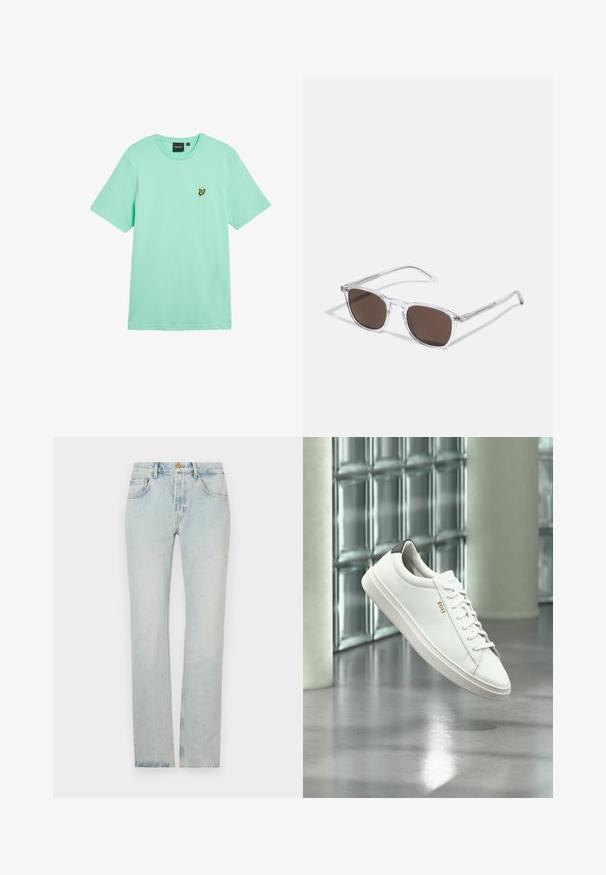 Mintgrøn bomuld t-shirt med korte ærmer, rund hals og en lille gul sommerfuglelogo broderet på venstre bryst.; Lysblå denim jeans med lige snit, fem-lomme design og lynlås. Stoffet viser let falming for et slidte udseende.; Hvid læder lav-top sneaker med snørebånd, sort hælflig og "BOSS"-logo, svævende indendørs nær glasblok væg og poleret gulv.; Klare plastik solbriller med rektangulære brune linser, med tynde, transparente stænger og metal accenter på templerne.