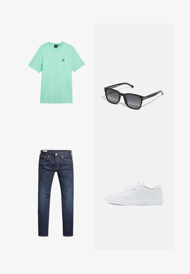 Mintgrøn bomuld t-shirt med korte ærmer, rund hals og en lille gul sommerfuglelogo broderet på venstre bryst.; Mørkeblå slim-fit jeans med frontknap og lynlås, fem lommer og gule syninger.; Hvide lædersneakers med glat tekstur, rund tå og ton-i-ton syning. Har blå snørebånd og et gult logo på siden.; BOSS Solbriller - black