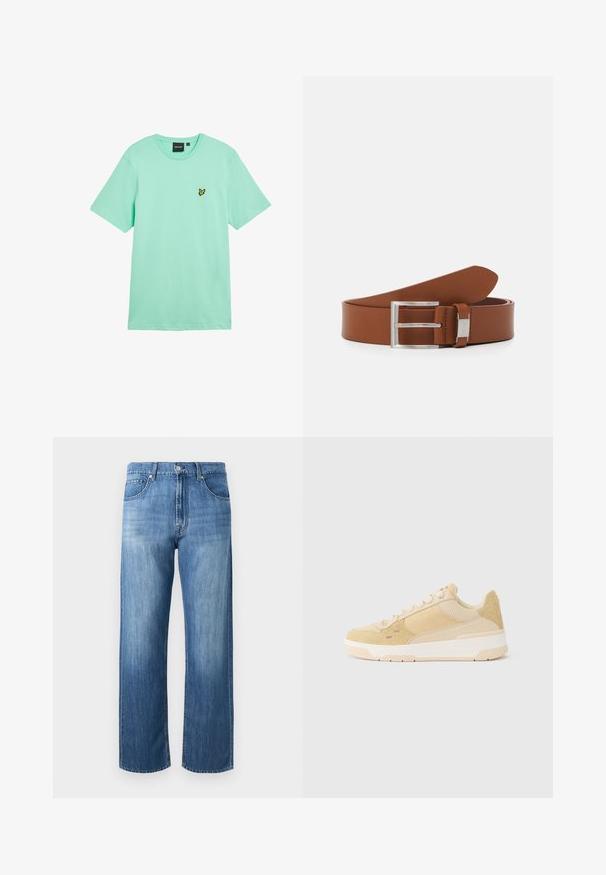 Mintgrøn bomuld t-shirt med korte ærmer, rund hals og en lille gul sommerfuglelogo broderet på venstre bryst.; Blå straight-cut denimjeans med forlommer, bæltestropper, knaplukning og diskrete falmede områder på lår og knæ.; Beige sneakers med en kombination af ruskind og åndbart mesh, rund tå, snørebånd og teksturerede detaljer på hælen.; Brun læderbælte med en glat overflade, prydet med en sølvmetal dobbelt-prong spænde og et logo-accent nær spædet.