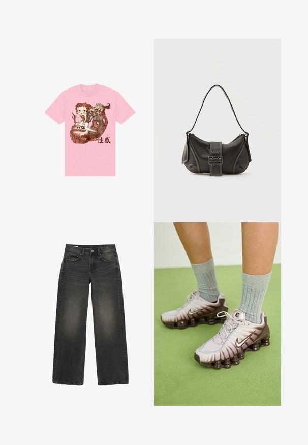 T-shirt en coton rose avec un graphique détaillé d'un personnage, d'un serpent et d'éléments décoratifs en marron, avec du texte chinois en dessous.; Jean noir à jambes larges avec détails délavés, bouton frontal, fermeture éclair et cinq poches, posé à plat sur fond blanc.; Baskets Nike en rose clair et marron, présentant un dessus texturé, un design superposé et une semelle extérieure amortissante avec des unités d'air visibles.; Sac à épaule en cuir noir avec une sangle à boucle, des bords arrondis et des coutures blanches contrastées sur un fond uni.