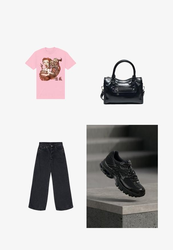 Lyserød bomulds T-shirt med et detaljeret grafisk design af en karakter, en slange, og dekorative elementer i brun, med kinesisk tekst nedenfor.; Bredde ben sorte jeans lavet af denim, med høj talje, kobbernitter og en ren afslutning ved kanten, hvilket giver en afslappet silhuet.; Sort Nike løbesko med mesh og syntetisk overdel, der svæver over en betonoverflade og trin i baggrunden.; Sort skinnende læderhåndtaske med to håndtag, lynlåslomme foran og aftagelig skulderrem på hvid baggrund.