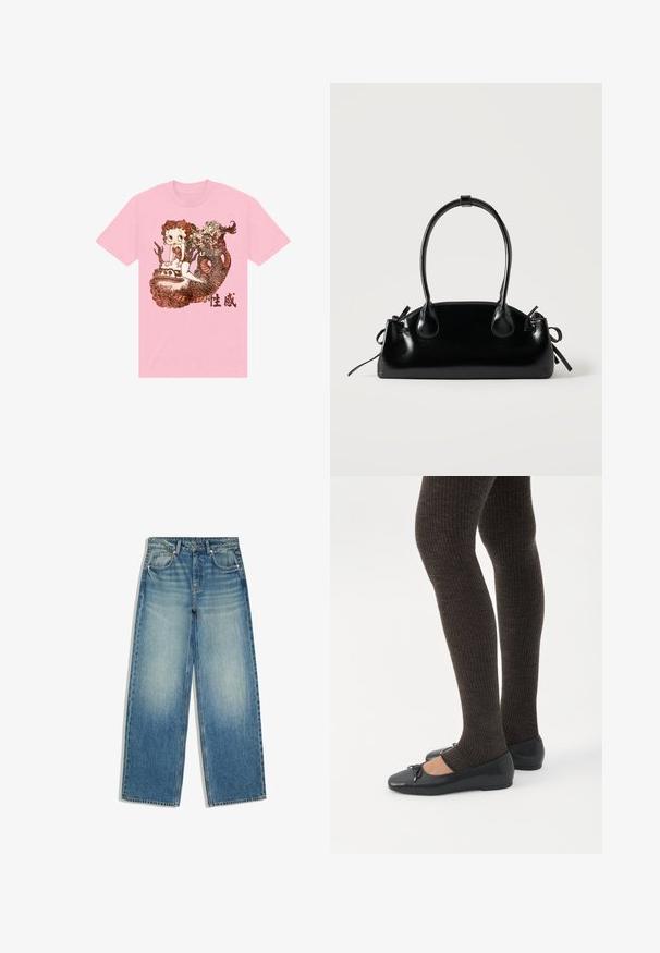 Roze katoenen t-shirt met een gedetailleerde afbeelding van een karakter, een slang, en decoratieve elementen in bruin, met daaronder Chinese tekst.; Blauwe wijde jeans met vervaagde voorkant, vijfzakkenontwerp, riemlussen en knoopsluiting.; Benen met donkere geribbelde leggings gecombineerd met zwarte ballerina's met kleine strikdetails op een witte achtergrond.; Kleine zwarte glanzende handtas met twee lange hengsels en zijkant trekkoord details op een effen lichte achtergrond.