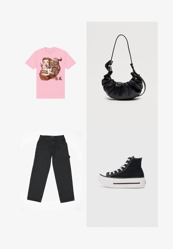 T-shirt en coton rose avec un graphique détaillé d'un personnage, d'un serpent et d'éléments décoratifs en marron, avec du texte chinois en dessous.; Pantalon en denim noir avec une coupe droite, doté de poches avant, passants de ceinture et d'une fermeture à bouton. Texture lisse, sans motifs visibles.; Baskets montantes noires en toile, avec des coutures blanches, un embout en caoutchouc, une semelle plateforme épaisse blanche et des détails en bande noire.; Sac à main en cuir noir froncé avec bandoulière réglable et grande pince à cheveux noire attachée à la bandoulière sur un fond uni.