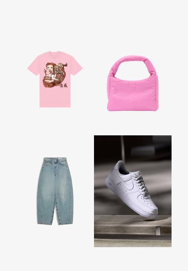 Lyserød bomulds T-shirt med et detaljeret grafisk design af en karakter, en slange, og dekorative elementer i brun, med kinesisk tekst nedenfor.; Lyseblå, højtaljede, lige ben jeans med forlommer, knaplukning og synlige sømdetaljer på en hvid baggrund.; Hvid Nike Air Force 1 sneaker svævende over en betonoverflade med skygger i et minimalistisk miljø.; Rosa polstret håndtaske med tykt håndtag og diskret FILA-logo centralt placeret på forsiden, vist mod en hvid baggrund.