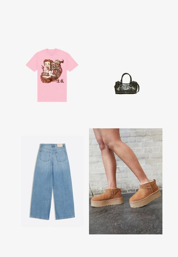 Lyserød bomulds T-shirt med et detaljeret grafisk design af en karakter, en slange, og dekorative elementer i brun, med kinesisk tekst nedenfor.; Lyseblå vidbenede jeans med to baglommer og et lille beige mærke på linningen.; Brune ruskinds ankelsko med en blød foring, tyk beige plattformsål og en bageste løkke. Tekstureret overflade med synlige sømdetaljer.; Mørkegrøn læderhåndtaske med dobbelte håndtag, detaljer med frontspænde og en aftagelig skulderrem.