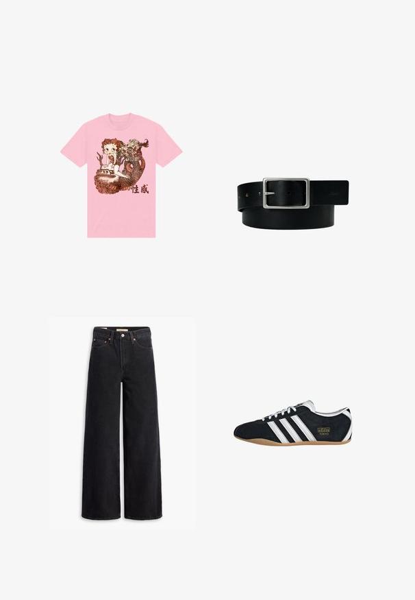 Roze katoenen t-shirt met een gedetailleerde afbeelding van een karakter, een slang, en decoratieve elementen in bruin, met daaronder Chinese tekst.; Zwarte brede jeans gemaakt van denim, met vijf zakken, koperen klinknagels en een klassieke knoopsluiting. Glad van textuur met een strakke uitstraling.; Zwarte suède sneaker met witte drie strepen, gouden logo en een bruine rubberen zool. Heeft een laag profiel vetersluiting ontwerp.; Zwarte leren riem met zilveren rechthoekige gesp en meerdere verstelgaten, plat gelegd op een witte achtergrond.
