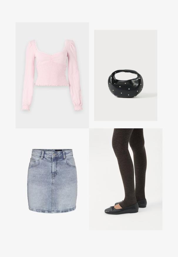 BDG Urban Outfitters SYDNEY - Top s dlhým rukávom - pink; Svetlomodrá rifľová minisukňa s prednými gombíkmi, zipsom, pútkami na opasok a dvoma prednými vreckami na bielom pozadí.; Nohy v tmavých pásikavých legínach v kombinácii s čiernymi balerínkami s malými mašličkami na bielom pozadí.; Čierna kožená kabelka s zaobleným tvarom, zdobená striebornými cvočkami a krátkym rúčkou. Hladká textúra a zapínanie na zips.