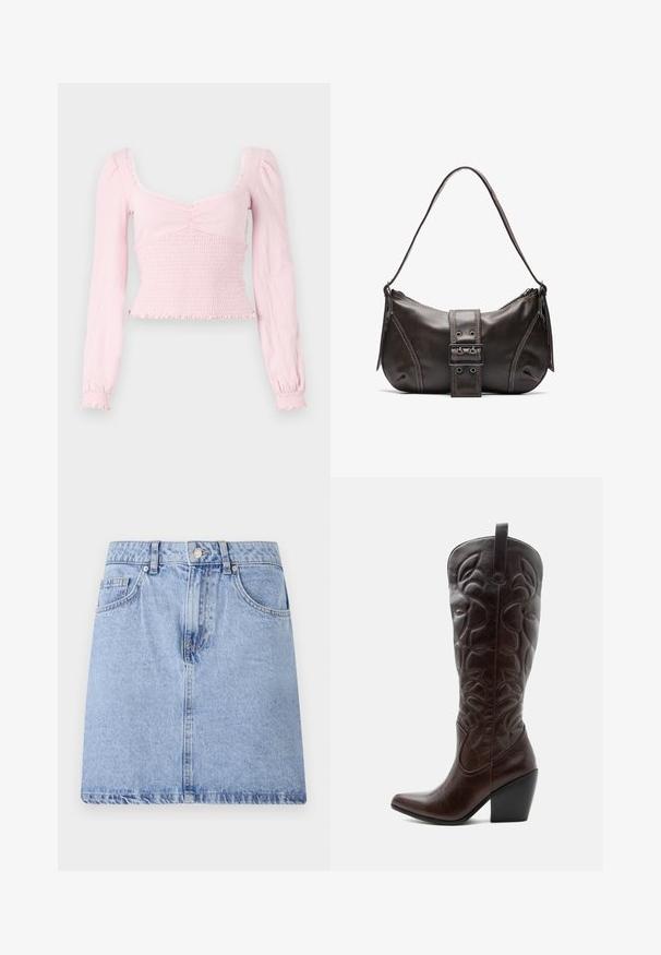 BDG Urban Outfitters SYDNEY - Top s dlhým rukávom - pink; Svetlomodrá džínsová sukňa s dizajnom piatich vreciek, predným zapínaním na gombík a zips a surovým lemom. Hladká textúra s jemným vyblednutím.; Vysoká tmavohnedá kožená kovbojská čižma so šitými dekoratívnymi vzormi, špicatou špičkou a vrstveným blokovým podpätkom.; Hnedá kožená taška cez plece s zakriveným tvarom, s výrazným detailom sponky, kontrastným prešívaním a jedným popruhom na plece.
