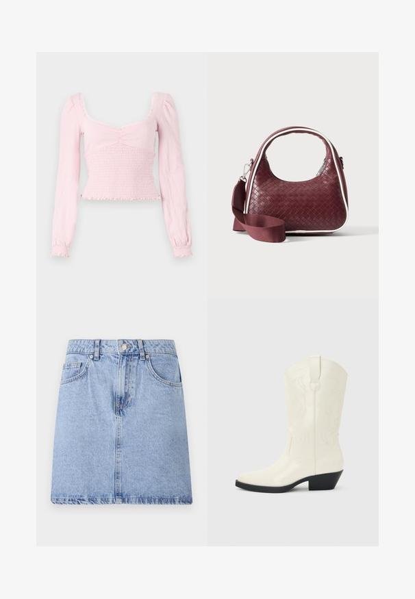 BDG Urban Outfitters SYDNEY - Pikkade varrukatega topp - pink; Hele sinine teksaseelik, millel on viie tasku disain, eesnupp ja tõmblukk, ning toorserv. Sile tekstuur koos kerge pleekimisega.; Valge lääne stiilis poolkõrge saabas terava varba, musta virnastatud kannaga, dekoratiivse õmbluse ja varre küljel oleva tõmblukuga.; Väike bordoopunutud nahkkäekott kumerate käepidemete, valgete äärte, hõbedase tõmblukuga ja eemaldatava laiast kangast õlarihmaga lihtsa taustaga.