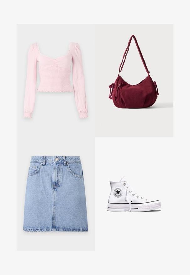 BDG Urban Outfitters SYDNEY - Camiseta de manga larga - pink; Falda de mezclilla azul claro con diseño de cinco bolsillos, cierre delantero de botón y cremallera, y dobladillo sin rematar. Textura suave con un leve desgaste.; Zapatilla Converse Chuck Taylor All Star blanca de caña alta con rayas negras y parche de logo en el lateral, mostrada sobre un fondo blanco liso.; Bolso de hombro de pana en color granate suave con correa ajustable, cierre de cremallera, lazos laterales y un bolsillo delantero con cremallera.