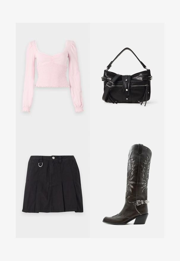 BDG Urban Outfitters SYDNEY - Top s dlhým rukávom - pink; Čierna plisovaná sukňa z bavlny, s predným zapínaním na gombíky, pútkami na opasok a D-krúžkovým detailom na páse.; Čierna kožená kovbojská čižma s dekoratívnymi výrezmi, striebornou prackou a šikmým podpätkom, zobrazovaná na bielom pozadí.; Even&Odd H24462 - Kabelka - black
