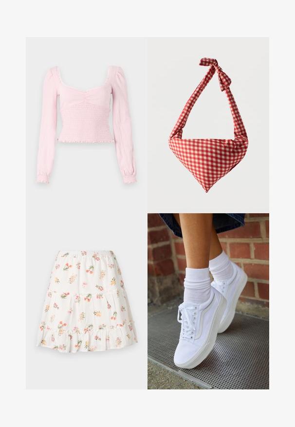 BDG Urban Outfitters SYDNEY - Top s dlhým rukávom - pink; Biela vrstvená sukňa s volánovým lemom, zdobená kvetinovým vzorom v ružovej, oranžovej a zelenej farbe. Vyrobená z ľahkej, textúrovanej látky.; Biele plátené tenisky s gumovou podrážkou, s piatimi dierkami na šnúrky, okrúhlou špičkou a svetlými švami, doplnené o biele členkové ponožky.; Mäkká látková ramenná taška s červenobielym kockovaným vzorom, uzlom na rukoväti a trojuholníkovým tvarom na jednoduchom pozadí.