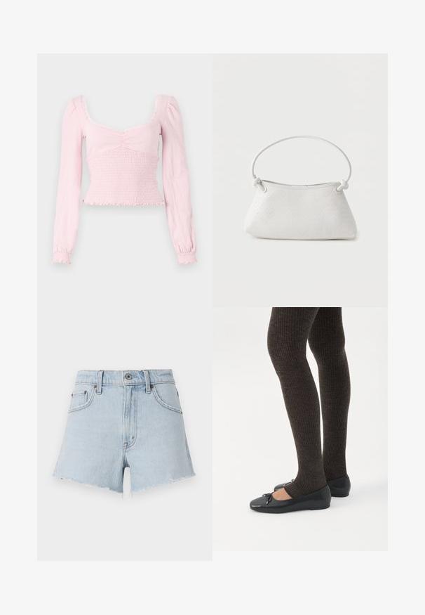 BDG Urban Outfitters SYDNEY - Langærmet T-shirt - pink; Lyseblå denimshorts med høj talje, frynsede kanter og fem lommer. Har metalknap og kontrastsying.; Ben iført mørke ribbede leggings kombineret med sorte balletsko med små sløjfedetaljer på hvid baggrund.; Hvid fletlæderhåndtaske med afrundet håndtag og ender på remmen, der er knyttet, vist mod en ensfarvet baggrund.