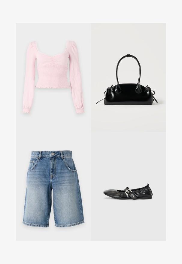 BDG Urban Outfitters SYDNEY - Langærmet T-shirt - pink; Lysblå denimshorts med lige pasform, fem lommer og bronzefarvet hardware. Har en rå kant og en falmet vaskemæssig struktur.; Sorte læder flade sko med spids tå, samling detaljer omkring åbningen, og en sølv spænde accent på den justerbare rem.; Lille sort blank håndtaske med to lange håndtag og snøre-detaljer i siden på en ensfarvet lys baggrund.