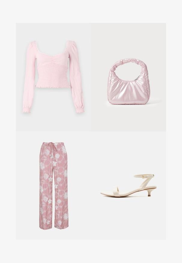 BDG Urban Outfitters SYDNEY - Top s dlhým rukávom - pink; Ružové široké nohavice s bielym kvetinovým vyšívaním a sťahovaním v páse, zobrazené na jednoduchom pozadí.; Béžová sandála na nízkom podpätku s jedným remienkom cez prsty a nastaviteľným remienkom na členku s malou zlatou prackou, na bielom pozadí.; Ružová, polstrovaná kabelka s oblehnutým dizajnom, vyrobená z lesklého materiálu. Obsahuje naťahovanú rukoväť a zipsové uzatvorenie pre bezpečný prístup.