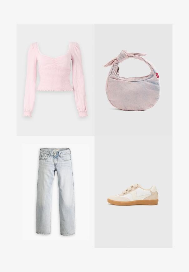 BDG Urban Outfitters SYDNEY - Camiseta de manga larga - pink; Jeans de mezclilla azul claro con un ajuste relajado, cintura alta y diseño de cinco bolsillos. Presentan detalles de costura y un cierre de botón.; Zapatillas de cuero blanco y beige con acentos de ante, que presentan una puntera redondeada, tres correas de velcro y una suela de goma.; Bolso de mano de mezclilla color rosa claro con forma de media luna, correa anudada y etiqueta roja de Levi's sobre fondo liso.