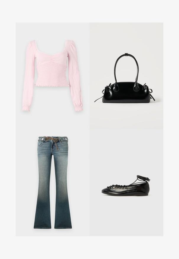 BDG Urban Outfitters SYDNEY - Longsleeve - pink; Wijde spijkerbroeken in een verloop van licht naar donkerblauw, met een geborduurde tailleband en een bruine koordsluiting voor extra detail.; Zwarte ballerina's van lakleer met een afgeronde neus, veterdesign en een platte zool. Glad oppervlak met minimale details.; Kleine zwarte glanzende handtas met twee lange hengsels en zijkant trekkoord details op een effen lichte achtergrond.