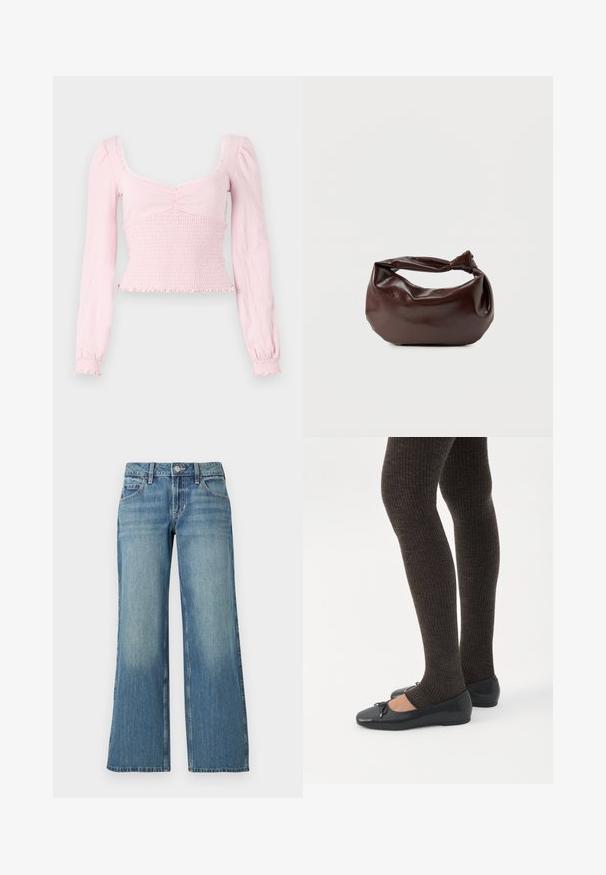 BDG Urban Outfitters SYDNEY - Longsleeve - pink; Lichtblauwe spijkerbroek met een brede pijp, voorzien van een mid-rise taille, voorzakken en subtiele vervaging, met een gladde textuur.; Benen met donkere geribbelde leggings gecombineerd met zwarte ballerina's met kleine strikdetails op een witte achtergrond.; Donkerbruine leren schoudertas met een zachte, slungelige vorm en een gedraaide knoopvormige handgreep op een effen witte achtergrond.