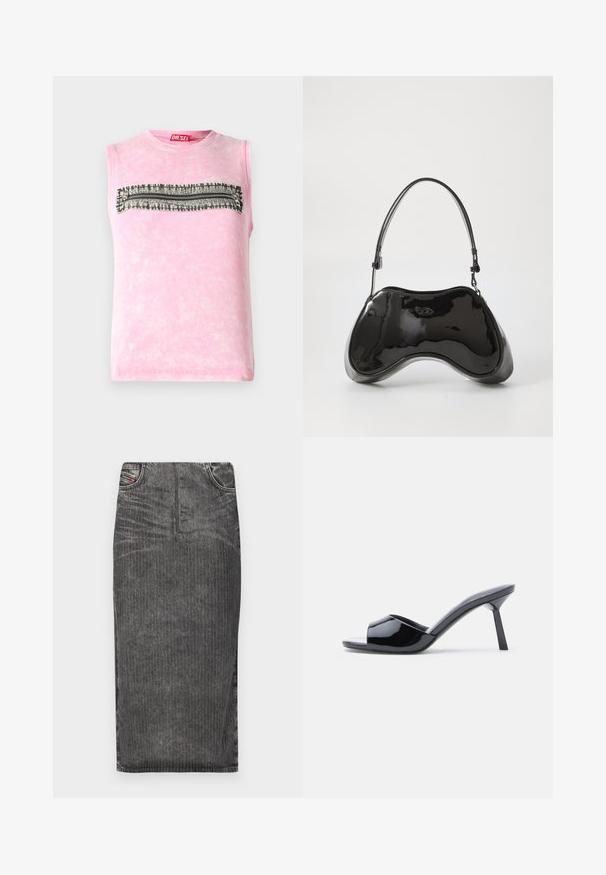 Subløs pink bomulds t-shirt med en vandret sort-hvid mønsterstripe hen over brystet. Rund halsudskæring, blød tekstur.; Grå denim midi-skjørt med vertikale striber, med høj talje, fem lomme-design og en ren kant.; Sorte laklæder sandaletter med åben tå, der har et buet overdesign og en spids stilethæl. Glat, blank finish.; Sort patentlæder håndtaske med en unik buet form, kort justerbar hank og en lynlåslukning i toppen. Glat tekstur med diskret branding.