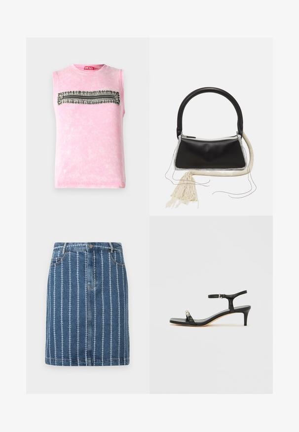 Subløs pink bomulds t-shirt med en vandret sort-hvid mønsterstripe hen over brystet. Rund halsudskæring, blød tekstur.; Denimnederdel med lodrette hvide striber, der har en talje, forlommer og lige snit. Blåt stof med en let falmet tekstur.; Sort læder sandal med hæl og ankelrem, åben tå, firkantet front og sølvfarvede metalaccenter. Figurformet design med en slank profil.; Sort lædertaske med et afrundet håndtag, sølv lynlås, hvid pelskant og en lang cremet kvast hæftet på forsiden.