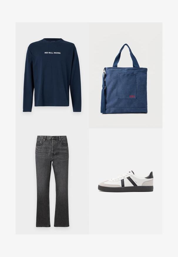 Camiseta de manga larga en color navy hecha de algodón, con cuello redondo y el texto "RED BULL RACING" en blanco en el pecho.; Jeans de mezclilla negra con un diseño de pierna recta, que presentan un estilo clásico de cinco bolsillos y una textura ligeramente desgastada.; Zapatilla blanca con acentos en negro y gris, que presenta una puntera texturizada en gris, suela de goma negra y cordones planos blancos. Diseño limpio, estilo minimalista.; Bolso tote de lona azul con bolsillo frontal y bordado rojo "O.N.S", con asas dobles y una correa ajustable para el hombro.