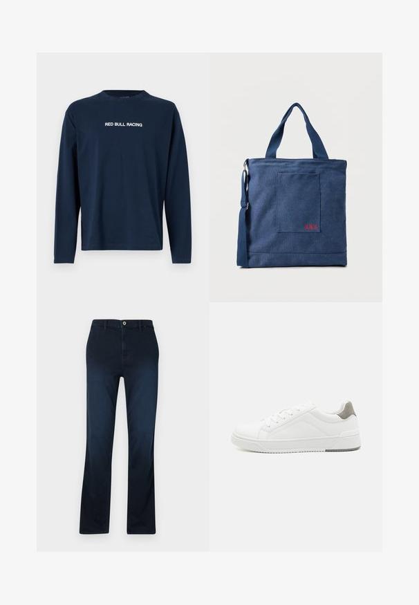 Marineblauwe lange mouw t-shirt van katoen met een ronde hals en de tekst "RED BULL RACING" in het wit over de borst.; Navy blauwe rechtvallende broek, gemaakt van denim, met een ritsluiting, riemlussen en één voorkwast met contrasterende stiksels.; Witte sneaker van glad leer met een ronde neus, minimalistisch ontwerp, grijze hielaccent en een geplaatste rubberen zool.; Blauwe canvas tas met voorvak en rode "O.N.S" borduring, voorzien van dubbele handvatten en een verstelbare schouderriem.