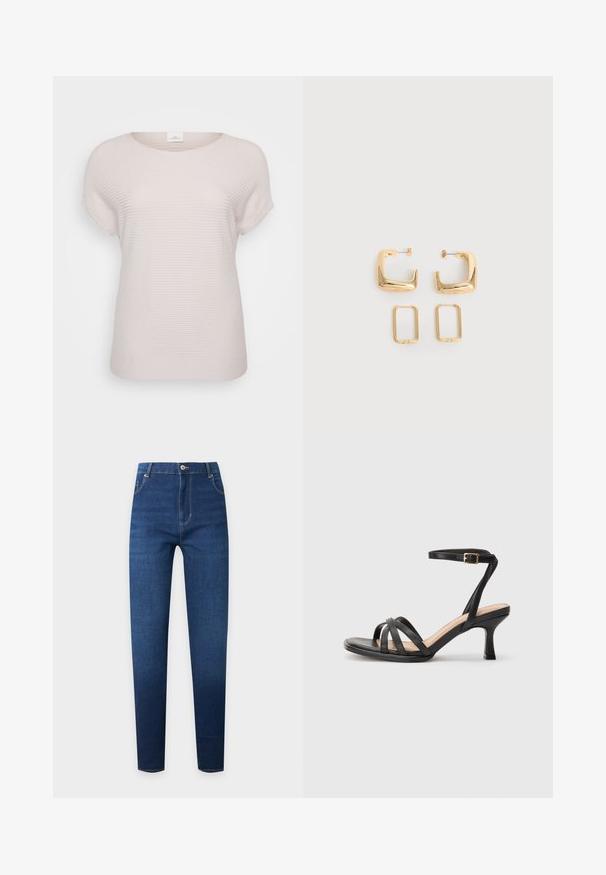Helles beige, geripptes Kurzarm-T-Shirt mit runden Ausschnitt und einem lockeren Schnitt, gefertigt aus weichem, strukturiertem Stoff.; Dunkelblaue Skinny-Jeans mit hoher Taille, vorderer Knopfleiste, Reißverschluss und klassischem Fünf-Taschen-Design.; Schwarze Absatzsandalen mit mehreren dünnen Riemen über den Zehen, einem einzelnen Knöchelriemen mit goldener Schnalle und einer quadratischen Zehenform.; Zwei Paare goldfarbener geometrischer Creolen auf einer schlichten weißen Oberfläche, ein Paar quadratisch und massiv, ein Paar rechteckig und hohl.