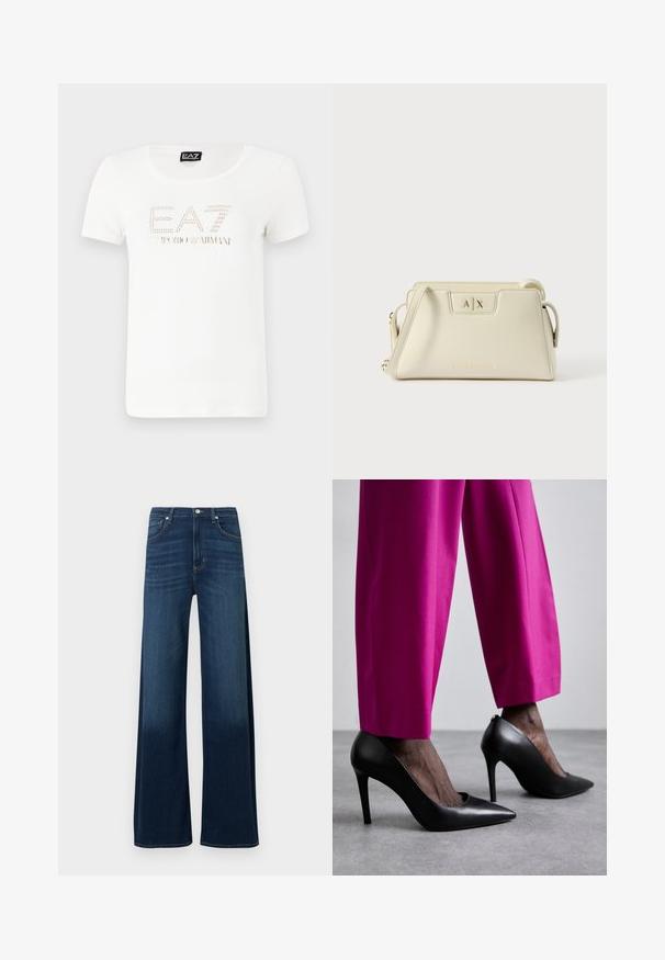 Camiseta de algodón blanca con un escote redondeado, que presenta un logo de EA7 Emporio Armani en strass en el pecho. Mangas cortas.; Vaqueros de pierna ancha en denim azul oscuro. Presentan una cintura alta, cinco bolsillos, sutiles marcas de desgaste y detalles de costura a lo largo de las costuras.; Zapatos de tacón alto negros con un diseño de punta afilada y textura de cuero suave. Combinados con pantalones ajustados de un brillante color rosa.; Bolso de cuero color crema con un diseño estructurado, logo de A|X en la parte frontal y una correa para el hombro que ofrece opciones de transporte versátiles.
