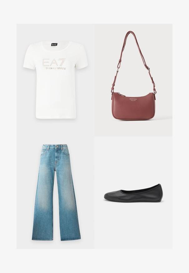 Camiseta de algodón blanca con un escote redondeado, que presenta un logo de EA7 Emporio Armani en strass en el pecho. Mangas cortas.; Jeans de mezclilla de tiro alto en denim azul claro, con piernas anchas, diseño de cinco bolsillos y un ligero desvanecimiento a lo largo de los muslos. Detalles de herrajes en color cobre.; Bailarina de piel negra con punta redondeada, textura suave, detalle de costura minimalista y diseño de suela flexible.; Bolso pequeño de cuero violeta texturizado para hombro con correa ajustable y cremallera plateada, con el logo Emporio Armani Milano 1981 en el frente.