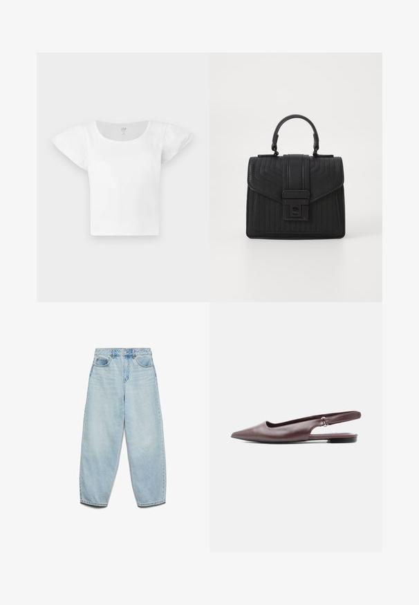 Haut court à manches courtes blanc avec épaules bouffantes et col rond, en tissu côtelé, de GAP en taille moyenne.; Jeans en denim bleu clair avec une coupe décontractée, taille haute, et jambes larges, présentant une texture légèrement décolorée et un design classique à cinq poches.; Chaussure plate burgundy à bout pointu avec bride arrière, petit talon et sangle ajustable sur fond blanc.; Sac à main en cuir noir avec une texture matelassée, de forme rectangulaire, une anse supérieure et un rabat frontal doté d'un fermoir en métal argenté.