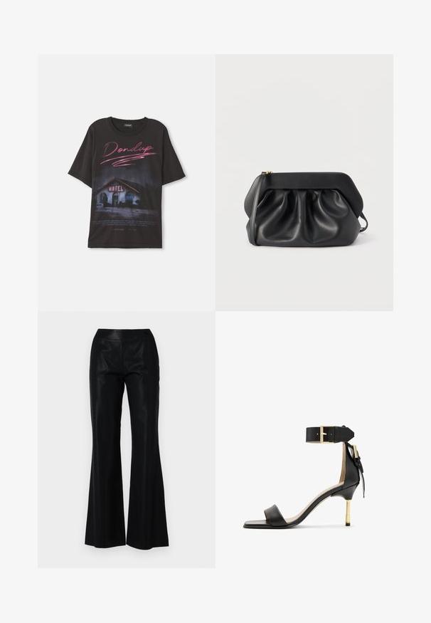 T-shirt en coton noir avec un motif d'une scène de motel et le texte "Dondup" en rose, coupe ample, sans ornements supplémentaires.; Pantalons évasés noirs en tissu lisse et brillant. Comprend une taille ajustée et de légères rayures pour ajouter texture et détail.; Sandale à talon en cuir noir avec un bout carré, une bride de cheville dotée d'une boucle en or et un talon métallique fin. Texture lisse, design minimaliste.; Pochette en cuir noir avec une structure rigide, des détails froncés et une fine lanière de poignet sur fond blanc.