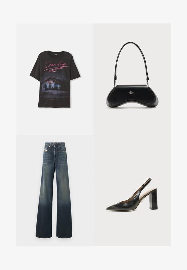 T-shirt en coton noir avec un motif d'une scène de motel et le texte "Dondup" en rose, coupe ample, sans ornements supplémentaires.; Jean en denim à jambes larges de couleur bleu foncé avec une finition délavée, présentant un genou usé et un design classique à cinq poches avec une étiquette.; Chaussure slingback en cuir noir à bout pointu avec un talon bloc haut et une doublure intérieure beige sur un fond clair uni.; Sac à bandoulière en cuir noir avec fond incurvé, logo ovale argenté à l'avant et sangle fine réglable sur fond blanc.