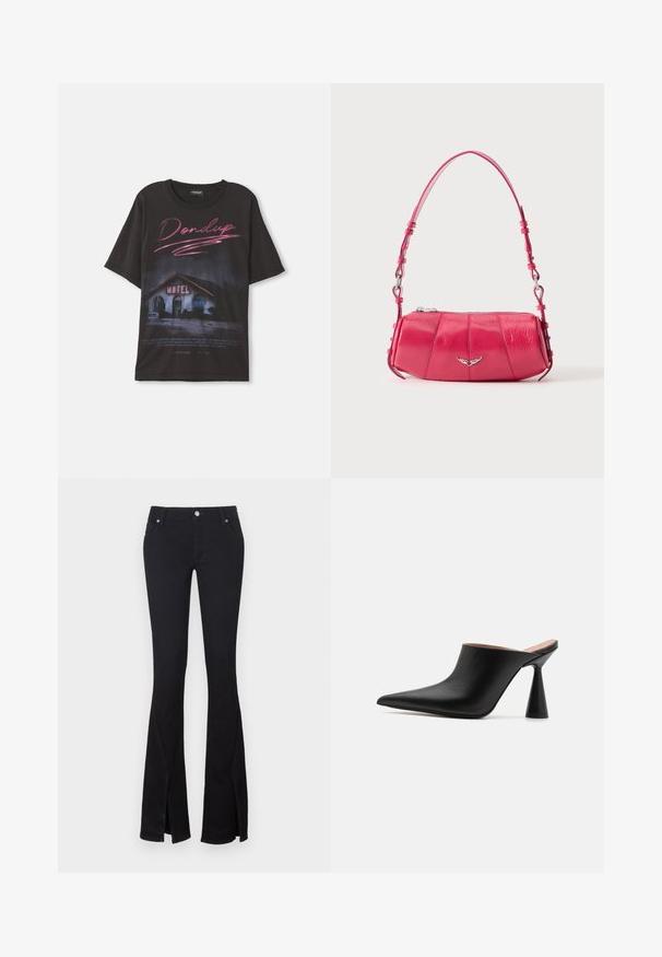 T-shirt en coton noir avec un motif d'une scène de motel et le texte "Dondup" en rose, coupe ample, sans ornements supplémentaires.; Jean noir évasé en denim doux, avec fentes à la cheville, deux poches avant et fermeture à bouton en métal. Design classique avec une finition soignée.; Mules en cuir noir avec un bout pointu et un talon conique unique. Texture lisse et design minimaliste, à dos ouvert pour un enfilage facile.; Petit sac à bandoulière en cuir rose brillant avec emblème d’aile argenté et bandoulière réglable, fermeture éclair sur le dessus, présenté sur fond blanc.
