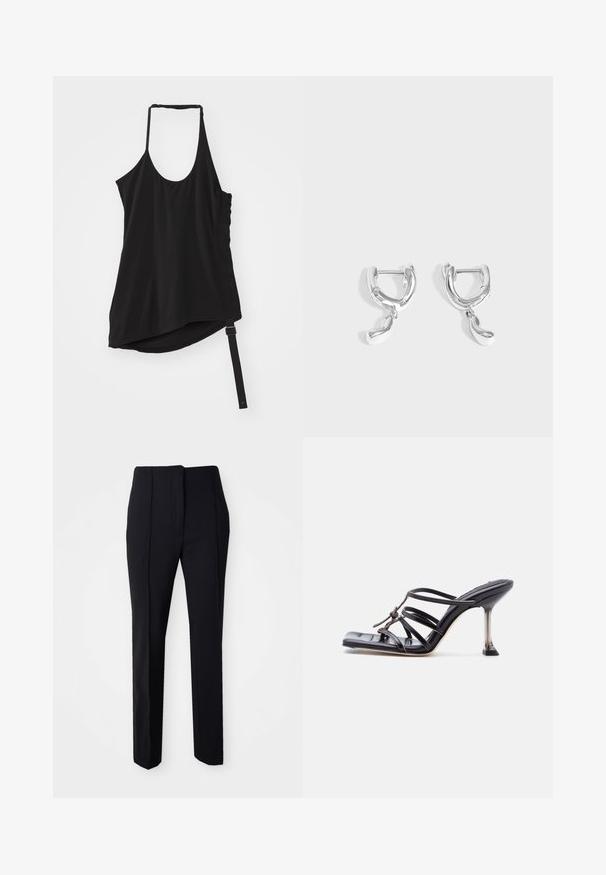 Helmut Lang WIND HARNESS - Débardeur - black; Pantalons noirs ajustés avec une coupe droite, fabriqués dans un tissu lisse, dotés d'un devant plat et de poches sur les côtés pour plus de fonctionnalité.; Sandale à talon haut noire avec brides fines, bout carré et talon stiletto mince, présentant des brides qui se croisent et un nœud décoratif sur le dessus.; Paire de boucles d'oreilles créoles en argent poli avec de petits pendentifs en forme de goutte irrégulière suspendus à chaque créole sur un fond gris uni.