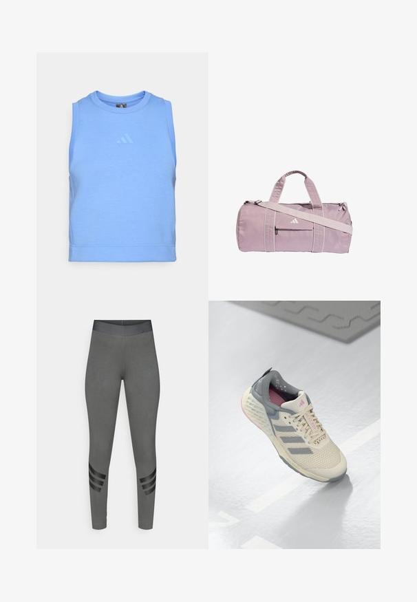 Top atlético sin mangas azul hecho de una suave tela elástica. Presenta un escote redondo y un logotipo tonal en la parte delantera.; Leggings grises con una textura suave, cintura alta elástica y detalles de rayas negras en la parte inferior de las piernas.; Zapatilla deportiva beige con acentos grises, parte superior de malla y suela texturizada. Cuenta con tres rayas grises y detalles interiores en rosa.; Bolsa de lona color púrpura claro hecha de material brillante, con dos asas, una correa de hombro desmontable y un bolsillo delantero con cremallera y logo.