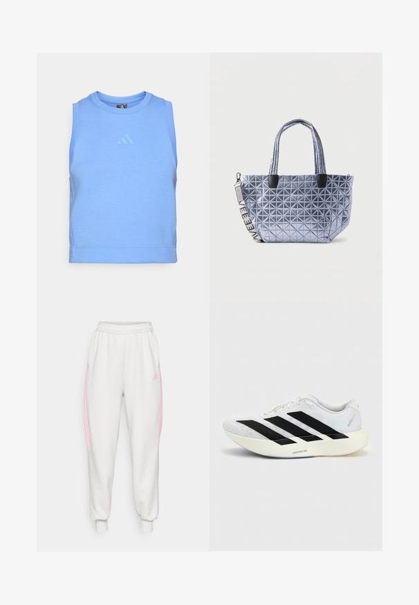Sinine varrukateta sporditopp, mis on valmistatud pehmest ja venivast kangast. Omab ümmargust kaelust ja toon-toonis logo ees.; Valged dressipüksid elastsete pahkluude paeltega, roosa külgriba ja väike roosa Adidas-logo vasakul reiel.; Valge jooksujalats mustade kolme triibuga küljel, pehmendusega Lightstrike Pro tallaga ja paeltega kinnitusega.; Hõbedane tikitud kandekott kahe sangaga ja eemaldatava rihmaga, millel on valgel taustal must tekst.