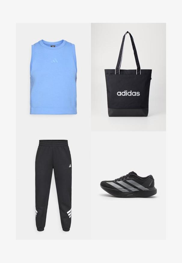Top atlético sin mangas azul hecho de una suave tela elástica. Presenta un escote redondo y un logotipo tonal en la parte delantera.; Pantalones de chándal negros con cintura elástica, piernas ajustadas y diseño de tres rayas blancas a los lados. Hechos de una tela suave.; Zapatilla de running negra con rayas plateadas, suela gruesa y acolchada etiquetada como "Lightstrike Pro", vista lateral sobre fondo blanco.; Bolsa de tote negra con el logo "adidas" en gris, hecha de un tejido duradero, con dos correas para el hombro y un panel inferior negro en contraste.