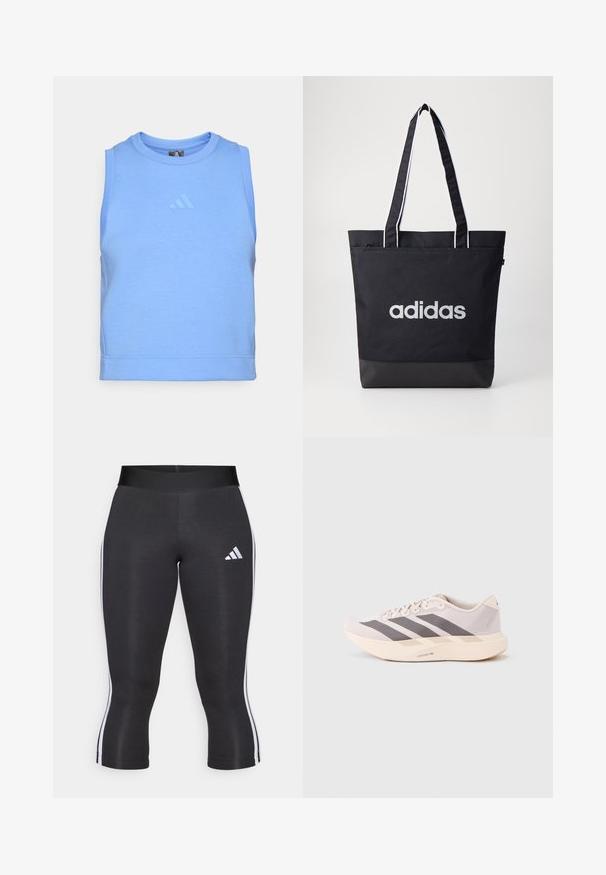 Top atlético sin mangas azul hecho de una suave tela elástica. Presenta un escote redondo y un logotipo tonal en la parte delantera.; Leggings capri negros con una cinturilla ancha, que cuentan con franjas laterales blancas y un logo de Adidas en blanco en el muslo izquierdo. Textura suave.; Zapatillas deportivas ligeras en rosa pálido y gris, con una parte superior de malla, tres franjas oscuras y una suela gruesa color crema con la etiqueta "LIGHTSTRIKE PRO".; Bolsa de tote negra con el logo "adidas" en gris, hecha de un tejido duradero, con dos correas para el hombro y un panel inferior negro en contraste.