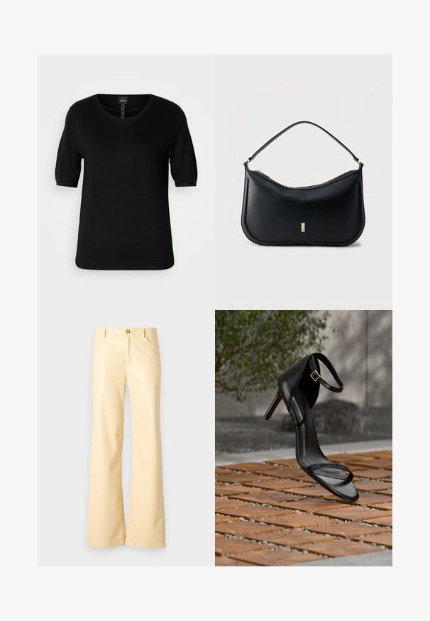 Top de punto negro de manga corta con cuello redondo, dobladillo acanalado y textura sutil, con una etiqueta de logo en el centro en la parte posterior.; Pantalones de pierna ancha en un amarillo pálido, fabricados en un material suave y brillante. Presenta un botón en la parte frontal, dos bolsillos laterales y un corte recto.; Sandalia negra de tacón alto con correa en el tobillo, parece suspendida sobre un suelo de baldosas de madera al aire libre, con un fondo difuminado de vegetación y piedra.; Bolso de hombro de cuero negro con una sola correa, diseño minimalista, fondo curvo y una pequeña placa rectangular dorada con el logo en la parte frontal.