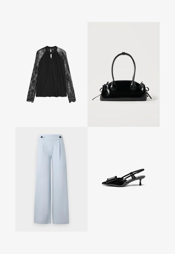 Sort bluse med lange ærmer, der har et blonderdesign på ærmerne, rund halsudskæring og nøglehulsåbning foran. Glat stof med blondekant.; Lysblå brede bukser med flad front, læg og to sorte knapper i taljen. Lavet af glat stof med en ren finish.; Sorte patenterede læderslingbacks med spids tå, en sløjfedetalje foran og en lille stilettohæle. Remmene har justerbare spænder.; Lille sort blank håndtaske med to lange håndtag og snøre-detaljer i siden på en ensfarvet lys baggrund.