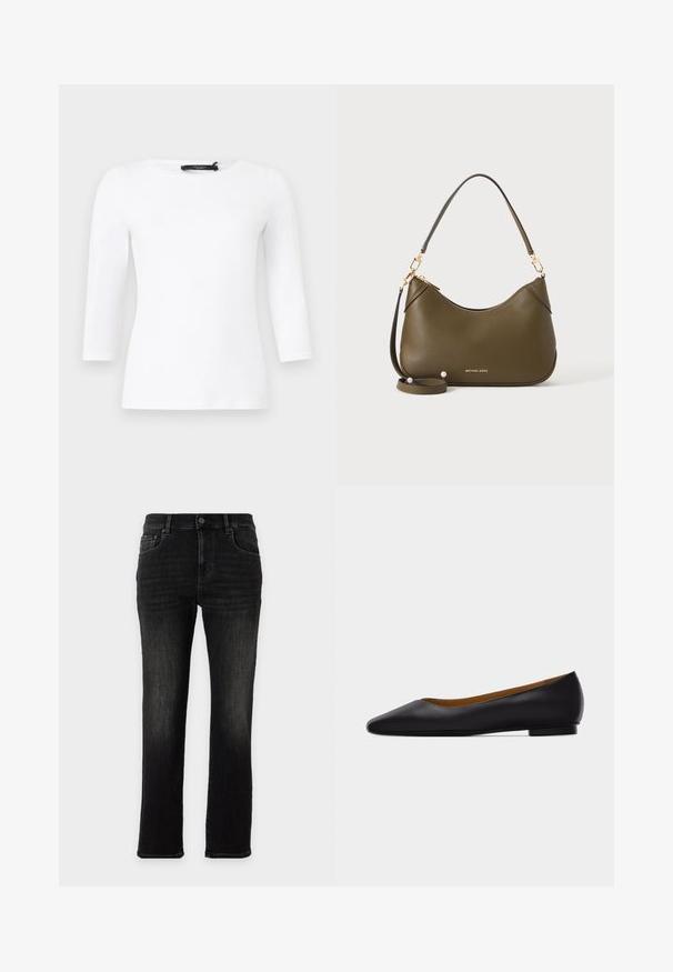 Hvit, langermet, tettsittende genser med rund hals og synlig svart merkeetikett i halskanten mot en ensfarget bakgrunn.; Svarte jeans med rette ben, klassisk fem-lommers design og knappeslukking på en ensfarget bakgrunn.; Svart skinnsko med spiss tå, flat såle og lav hæl, med glatt finish, vist fra siden på en lys grå bakgrunn.; Oliven grønn skinnhåndveske med korte og lange stropper, gulldetaljer og Michael Kors-logo i gull nær bunnen på en ensfarget bakgrunn.