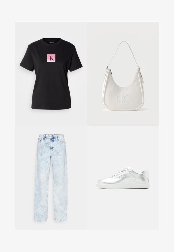 Camiseta de algodón negra con un logo cuadrado en degradado rosa que presenta "cK" en fuente negra en el centro. Mangas cortas y cuello redondo.; Calvin Klein Jeans 90'S STRAIGHT - Vaqueros rectos - denim light; Zapatilla baja metálica plateada con suela y cordones blancos, textura suave y discreto logotipo en relieve en el lateral.; Bolso de hombro de cuero blanco con cierre de cremallera, forma curva y logo CK en relieve en la parte delantera.