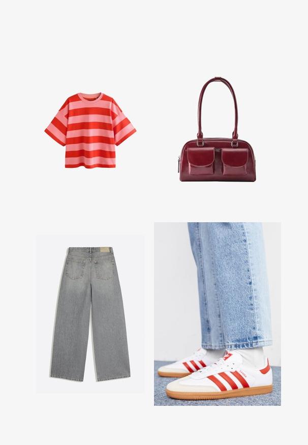 Next OVERSIZED CREW NECK - Triko s potiskem - red pink; Šedé džíny s širokými nohavicemi, zobrazující zadní stranu s dvěma kapsami a poutky na opasek, položené na bílém pozadí.; Bílé kožené tenisky s červenými pruhy a akcenty. Mají texturovanou gumovou podrážku a polstrovaný límec. Nosit s bledě modrými džíny.; Tmavě červená kožená kabelka se dvěma předními kapsami se klopou a dlouhými ramenními popruhy, zobrazena na bílém pozadí.