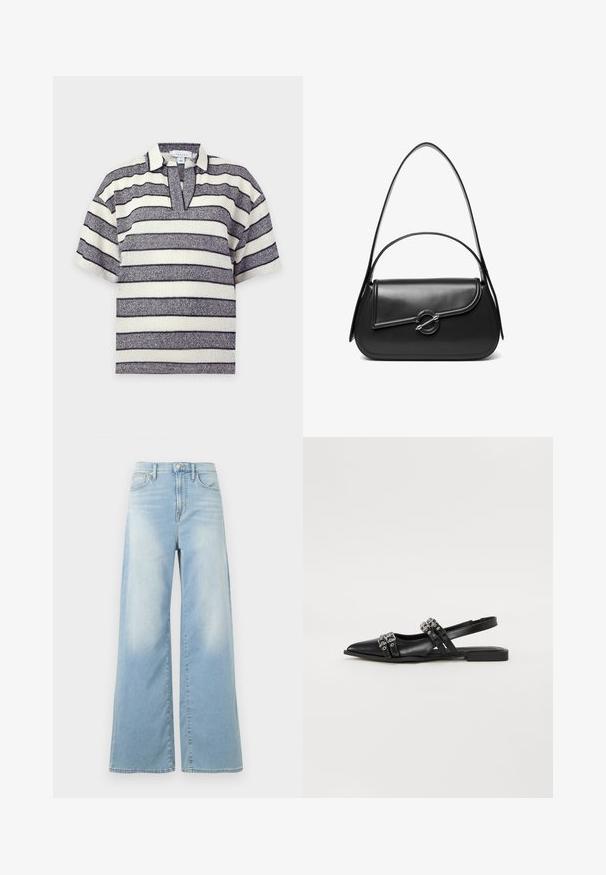 Top en maille à manches courtes avec des rayures horizontales blanches et gris foncé et un col ouvert sur fond uni.; Jean large bleu clair à taille haute, avec boutons à l'avant et poches, présenté sur un fond blanc.; Even&Odd by Zalando Ballerines à brides arrière - black; Sac à bandoulière en cuir noir avec un rabat incurvé fermé par un fermoir métallique rond et une sangle fine et ajustable.